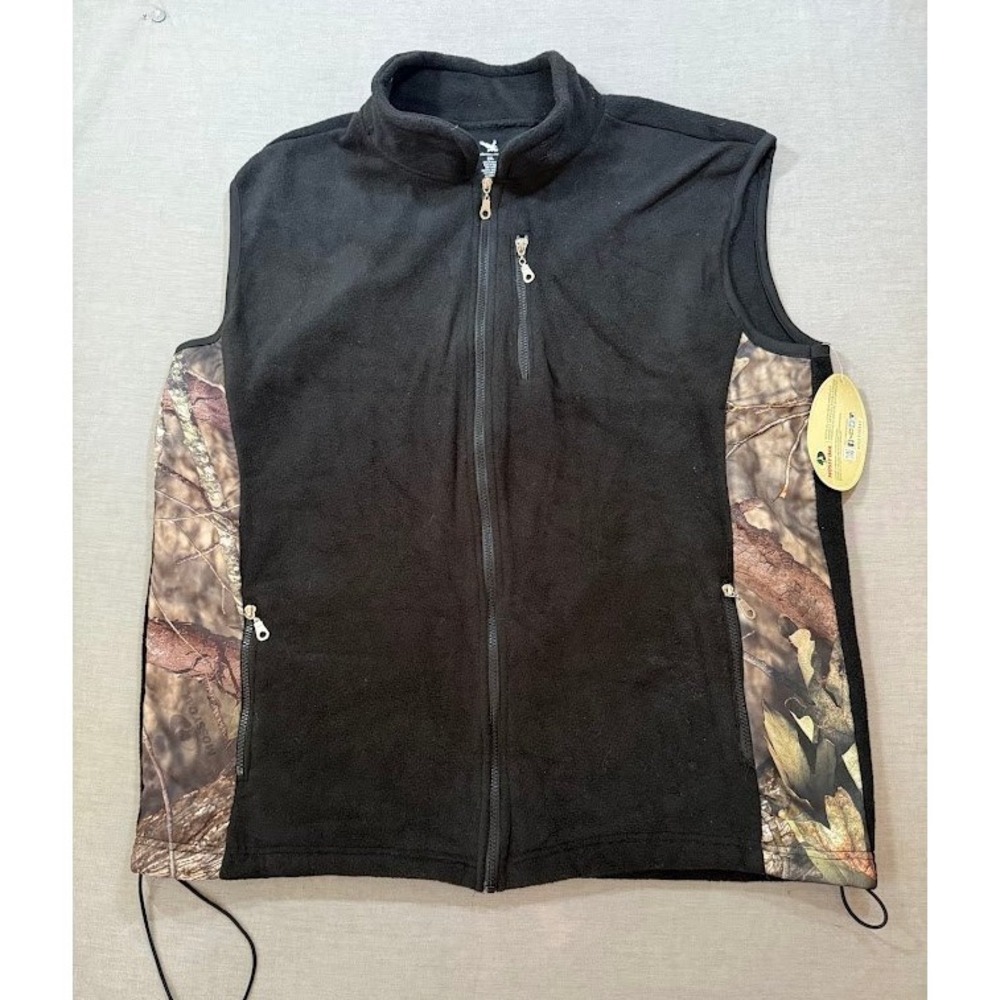Mossy Oak Fleece Vest Black Camo Zip Pockets Zip Outdoor Mens 2XK Sleeveless.‎